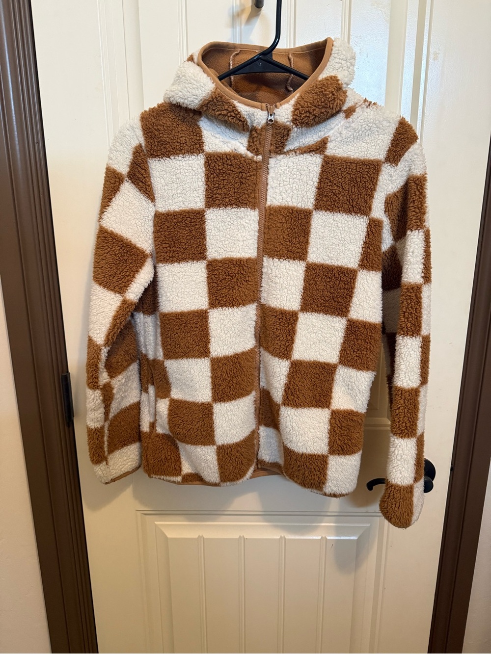 Kids Checkerboard Sherpa Jacket - Brown & Cream